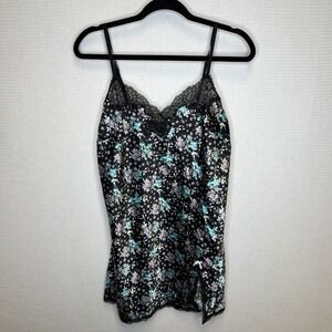 Victorias Secret Black Floral Satin Camisole Lace Trim V-Neck Lingerie Top Large